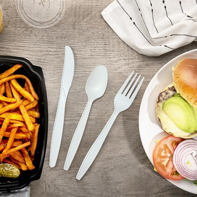 Compostable Utensils, White No Plastic Silverware, Compostable Cutlery 100 Forks 100 Spoons 100 Knives, No Plastic Disposable Silverware, Eco Friendly Disposable Cutlery for Party Office Wedding