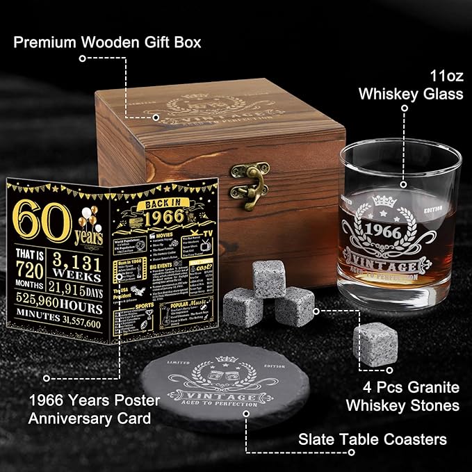 YeohJoy 60th Birthday Gifts for Men,Vintage 1966 Whiskey Glass Set,Wood Box & 1966 Poster Anniversary Card &Whiskey Coaster & Stones,Bday Gifts Ideas for Him, Dad, Husband