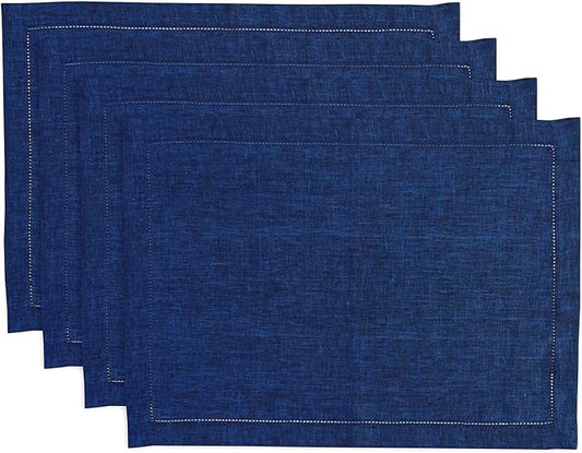 Solino Home Linen Cloth Placemats Set of 4-100% Pure Linen Hemstitch Royal Blue Placemats 14 x 19 Inch - Milan Hemstitch Table Place Mats for New Year