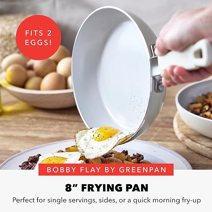 GreenPan x Bobby Flay 8" Nonstick Frying Pan Skillet, PFAS-Free Diamond Ceramic, Induction Suitable, Stay-Cool Silicone Handle, Easy Clean Dishwasher & Oven Safe, Egg & Omelet Pan, Cream
