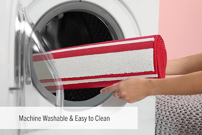 Nautica – Runner Rug | Indoor Runners for Hallways and Entry Rugs| Non-Slip and Non-Skid Entry and Kitchen Door Mat| Machine Washable Entryway Carpet Rugs |26” x 96” |Stripe Red