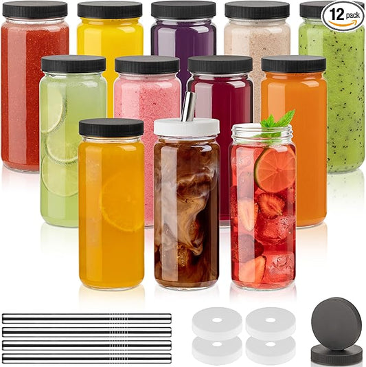 Glass Juice Bottles with Lids and Straws, 16 Oz - Set of 12 Reusable Clear Cups - For Drinking Smoothie, Iced Coffee, Juicing, Matcha, Water, Kombucha and More