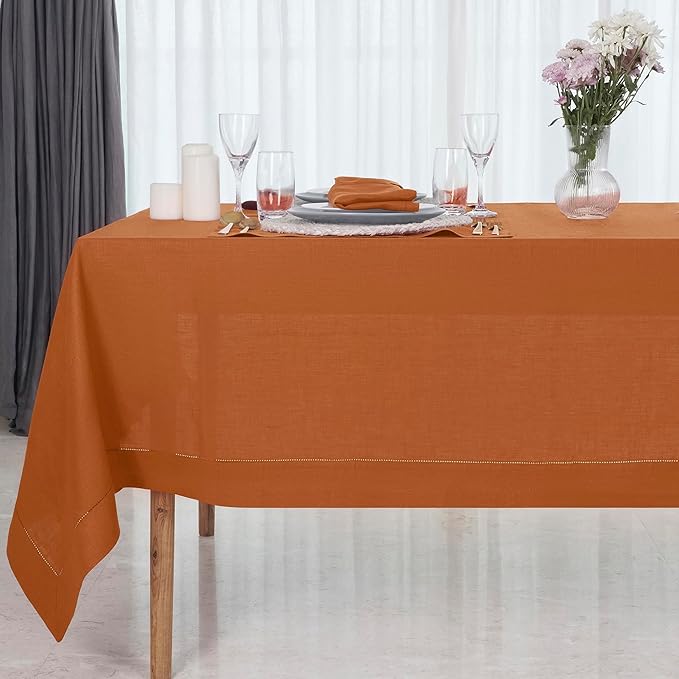 D'Moksha Homes Rust Linen Tablecloth for Rectangle Tables 60 x 102 Inch - Classic Hemstitch 100% Pure Linen Rust Table Cloth - Machine Washable Dining Tablecloth for Christmas, Holiday, New Year
