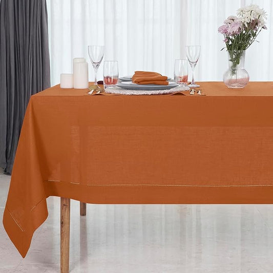 D'Moksha Homes Rust Linen Tablecloth for Rectangle Tables 60 x 90 Inch - 100% Pure Linen Rust Table Cloth - Classic Hemstitch, Machine Washable Tablecloth for Winter, Christmas, Holiday, New Year