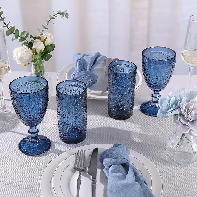 Blue Drinking Highball Beverage Glass Cup, Vintage Drinking Glasses, Colored Glassware Set for Party Wedding, Home, Office, Water, Juice, Cocktail, Highball Glasses Set of 4