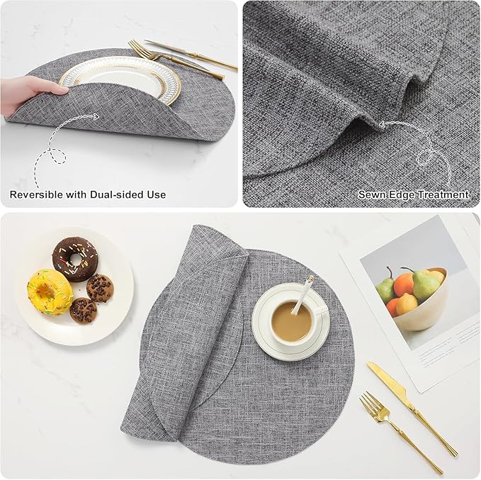homing 15 Inch Round Cloth Placemats Set of 4, Cotton Linen Blend Washable Table Mats, Farmhouse Dining Place Mats for Indoors & Outdoors, Easy to Clean, Dark Grey