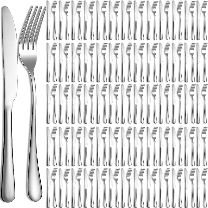 Nuenen 100 Pieces Stainless Steel forks and knives Dinner Flatware Set Tableware Cutlery for Butter Kitchen Restaurant, Dishwasher Safe(Silver,9.06 Inches, 8.07 Inches)
