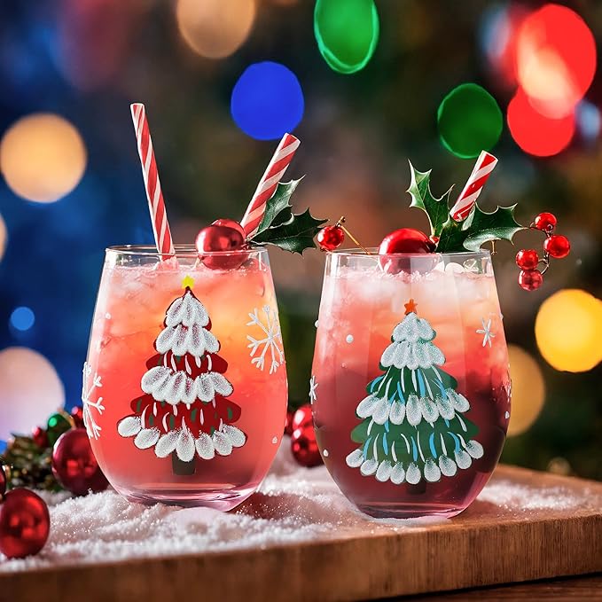 Joeyan Christmas Crystal Red Stemless Wine Glasses,Hand Painted Red or White Wine Glass Tumbler Cups,Large Xmas Tree and Snowflakes Patterned Drinking Glasses,Gift for Men Women Family,19 oz,Set of 2