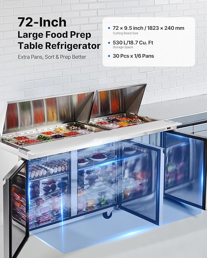 VEVOR 72"W Commercial Refrigerator, 18.7 Cu. Ft Sandwich Prep Refrigerated Table, Mega Top Food Prep Fridge with 30 Pans and Cutting Board, Stainless Steel Salad Prep Cooler for Restaurant, Food Truck