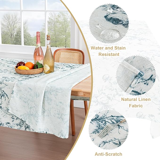 H.VERSAILTEX Linen Table Cloths Floral Printed Tablecloth Spill-Proof Waterproof Table Cover for Dining Buffet Feature Soft and Thick Fabric Wrinkle Free, 60 x 84 Inch, Vintage Botanical - Blue