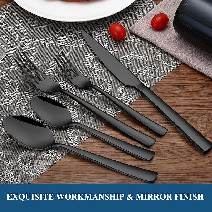 Wildone 60-Piece Black Silverware Set, Stainless Steel Flatware Square Cutlery Set Service for 12, Eating Utensils Include Knife Fork Spoon, Mirror Polished & Dishwasher Safe