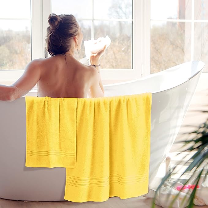 BOUTIQUO 6 Pack Cotton Towel Set, Contains 2 Bath Towels 28x55 inch, 2 Hand Towels 16x24 inch & 2 Wash Coths 12x12 inch, Ideal Everyday use, Ultra Soft Compact & Lightweight - Lime Yellow