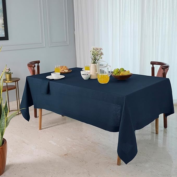 D'Moksha Homes Navy Blue Linen Tablecloth 60 x 84 Inch - 100% Pure Linen Table Cloth for Rectangle Tables - Machine Washable Cloth Tablecloth for Winter, Christmas, Holiday, New Year