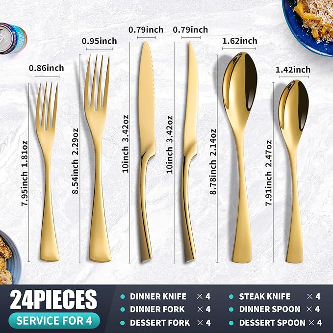 24 Pieces Gold Silverware Set with Steak Knives Service for 4,Modern 18/10 Stainless Steel Flatware Cutlery Set,Utensil Set for Home Restaurant Hotel,Mirror Polished,Dishwasher Safe