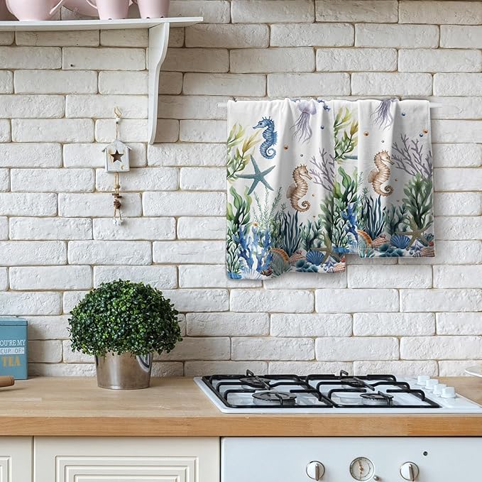 Imiss Nautical Coastal Hand Towels Coral Starfish Seashell Kitchen Towels 14.4 x 28.3 Inch Sea Themed Dishcloth Summer Beach Decorative Washcloth for Face Yoga Gym Spa