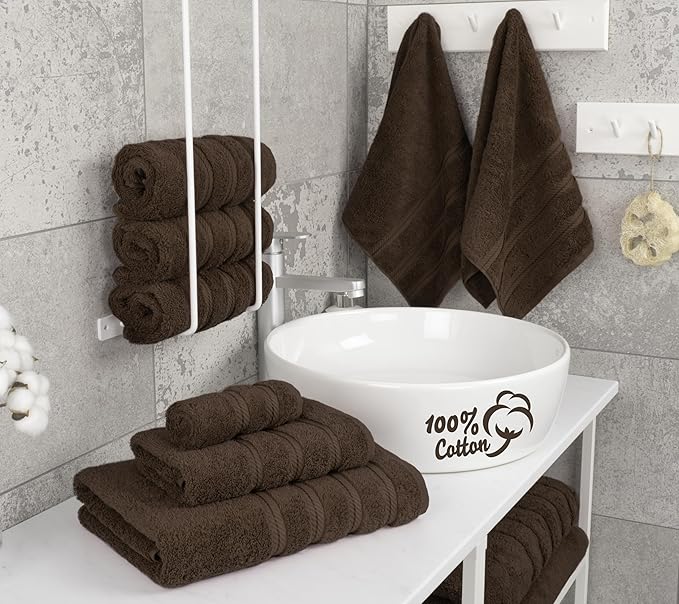 American Soft Linen Luxury 6 Piece Towel Set, 2 Bath Towels 2 Hand Towel 2 Washcloths, 600 GSM 100% Cotton Turkish Towels for Bathroom, Brown Towel Sets