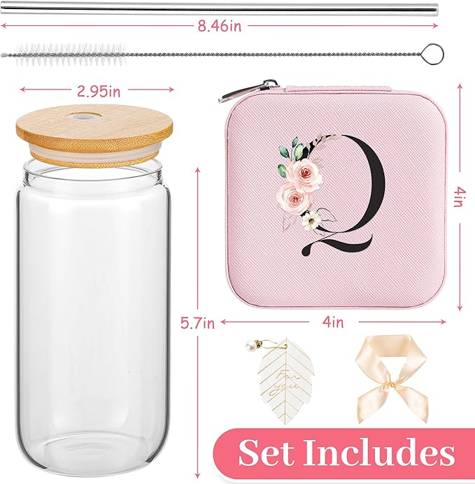 AYGXU personalized jewelry box,iced coffee glass,bridesmaid gifts,gifts for women,aesthetic cups,Travel Gifts for Teacher,best teacher appreciation gifts,Initial Q pink