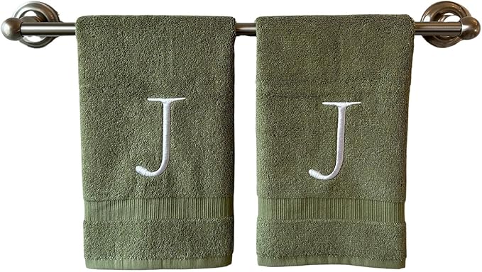Sage Initial Hand Towel for Bathroom - Monogrammed Luxury Hotel Quality Decorative Embroidered Towel for Powder Room, Spa - GOTS Organic Certified - Set of 2 Letter J