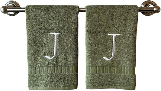 Sage Initial Hand Towel for Bathroom - Monogrammed Luxury Hotel Quality Decorative Embroidered Towel for Powder Room, Spa - GOTS Organic Certified - Set of 2 Letter J