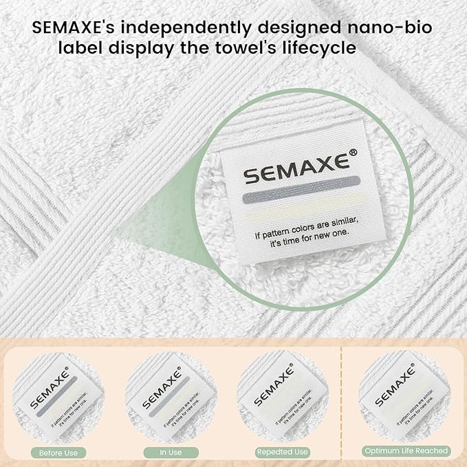 SEMAXE Solid 18-Piece Towel Set, White, 600GSM 100% Cotton, 6 Each of Bath Towel, Hand Towel, and Washcloths, Gift Box Packaging, Hanging Loop Design