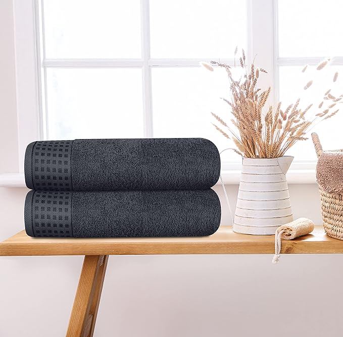 GLAMBURG 100% Cotton 2 Pack Oversized Bath Towel Set 28x55 Inches, Ultra Soft Highly Absorbant Compact Quickdry & Lightweight Large Bath Towels, Ideal for Gym Travel Camp Pool - Charcoal Grey