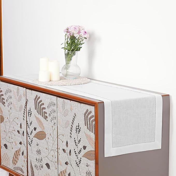 D'Moksha Homes Linen White Table Runner 90 Inches Long - Classic Hemstitch 100% Pure Linen White Dining Table Runner 14 x 90 Inch for Winter, Christmas, Holiday, New Year