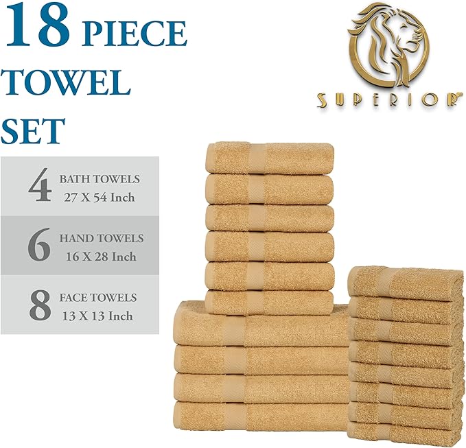Superior 18-Piece Cotton Assorted Towel Set, Includes 8 Face/Washcloths, 6 Hand, and 4 Bath Towels, Lightweight Essentials, for Home, Gym, Beach, Bathroom, Quick Drying, Franklin Collection, Gold