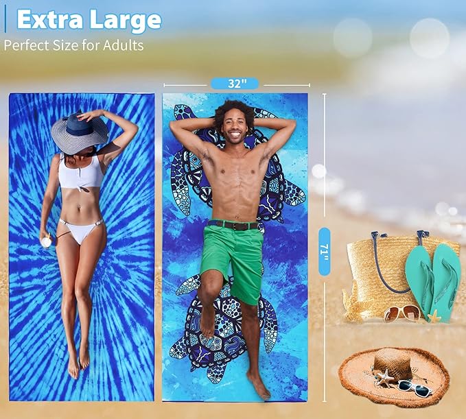 2 Pack Microfiber Thin Lightweight Beach Towel Oversized 71x32 Extra Large Sand Free Towels for Travel Swim Pool Yoga Gym Camping for Adults Women Men Beach Essentials Accessories Vacation Gift
