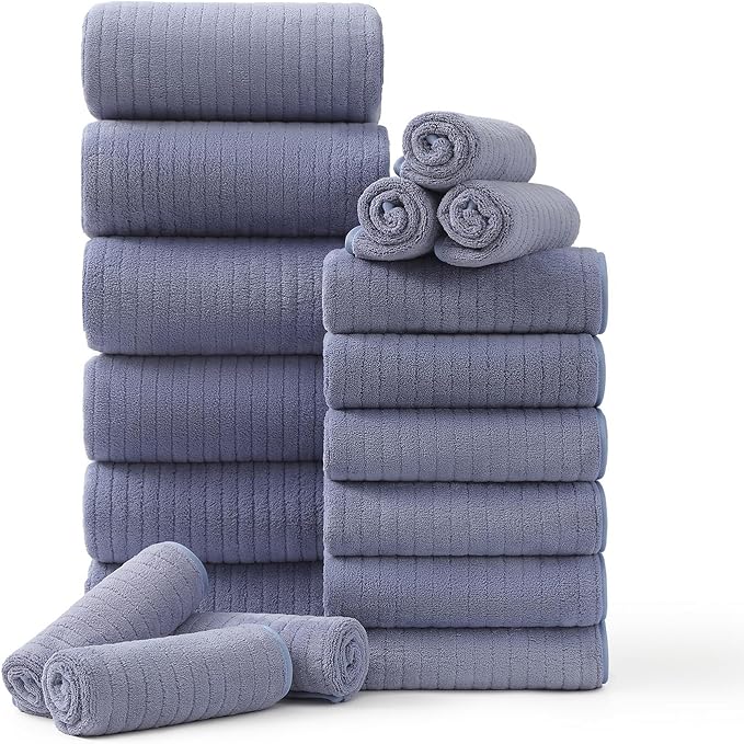18 Piece Family Bath Towel Set Include 6 Bath Towels,6 Hand Towels and 6 Washcloths Soft Bathroom Towel with Hanging Loops,Highly Absorbent Quick Dry Towels Set for Bathroom,Hotel and Spa-Violet
