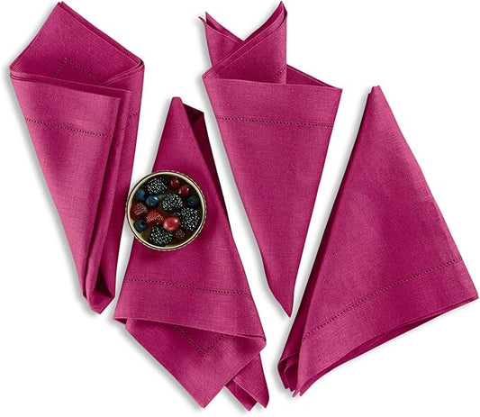 Solino Home Linen Napkins Set of 4 - Medium Weight 100% Pure Linen Hemstitch Festive Fuchsia Dinner Napkins Cloth 20 x 20 Inch for Valentines - Handcrafted and Machine Washable