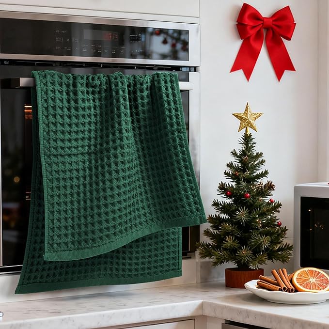 Jacquotha Waffle Hand Towels Set of 2 (Hunter-Green) – Cotton, Quick Dry, Lint Free, 13” x 29”, Christmas Bathroom Decor & Kitchen Towels