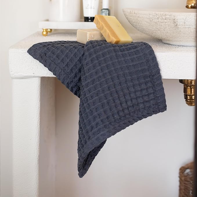 2-Piece Waffle Towels Set for Bathroom Anthracite - Soft 100% Turkish Cotton Quick-Dry Lint-Free Waffle Weave Thin Bath and Hand Towels (Anthracite, Set of 2 Mix Towels)