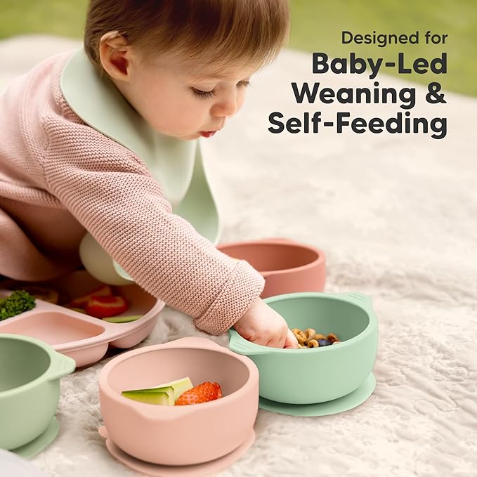 KeaBabies 2-Pack Baby Bowls with Suctions, Lids - Silicone Toddler Suction Bowls for Baby Boy, Girl, Kids, Food Grade Silicone, BPA-Free, Dishwasher Safe, Toddler Eating Essentials (Mellow)