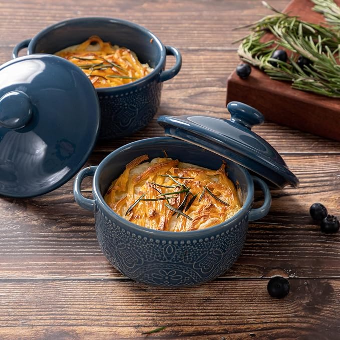 Mini Cocotte Set, 10 OZ Small Casserole Dishes with Lids, Ceramic Kitchen Casserole Sets With Handles, French Onion Soup Bowls, Soup Crocks for French Onion, Desserts, Beef Stew, Cereal, Pot Pies, Set of 4 (Blue)