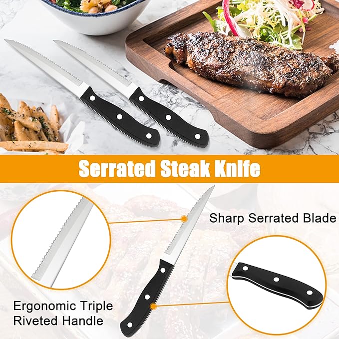 LIANYU 24-Piece 18/10 Silverware Set with Steak Knives and Drawer Organizer, Stainless Steel Flatware Set Service for 4, Cutlery Eating Utensils for Home Kitchen Entertaining, Mirror Polished