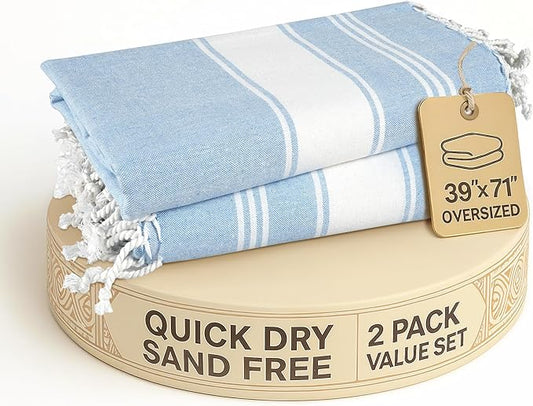 LANE LINEN Beach Towels for Women, 2 Pack Large Beach Towels Oversized, Pre-Washed, No-Shrink Sand Free Beach Towels, Quick Dry, Lightweight Travel Towel,Soft Beach Bath Towel, 39"x71" - Sky Blue