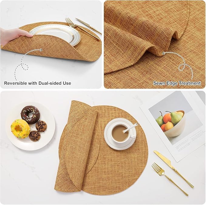 homing 15 Inch Round Cloth Placemats Set of 4, Cotton Linen Blend Washable Table Mats, Farmhouse Dining Place Mats for Indoors & Outdoors, Easy to Clean, Amber