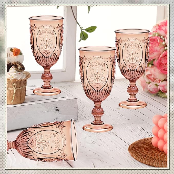 24 Pcs Plastic Goblets 7.5oz Vintage Goblet Plastic Wine Glasses Colored Retro Embossed Water Goblets for Wine Bar Juice Baby Shower Wedding Reception Grand Event Party (Rose Gold)