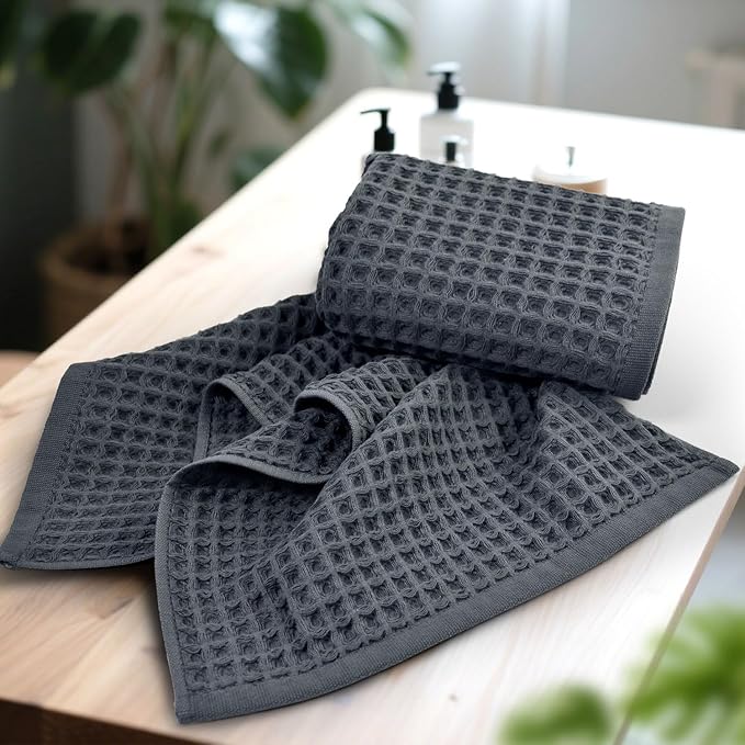 Jacquotha Waffle Hand Towels for Bathroom 2-Piece (Charcoal Blue) – Cotton Quick Dry Lint Free Face Towels 13” x 29”