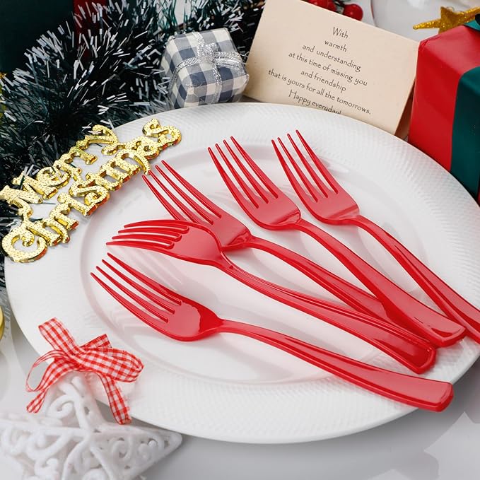 WDF 100 Pieces Red Christmas Forks - 7.4inch Heavy Duty Red Forks Disposable - Plastic Silverware for Dessert Cake - Plastic Cutlery for Christmas or Daily Using