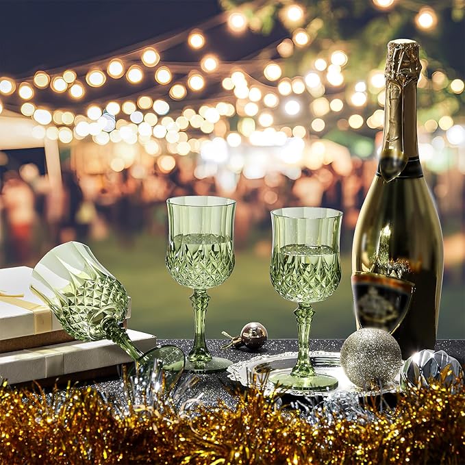 XUWAIDSGN 48 Pcs 7oz Plastic Vintage Wine Glasses Drinking Glasses Unbreakable Wedding Glassware Crystal Water Goblets Reusable Drinkware Vintage Champagne Flutes (48, Dark Green)