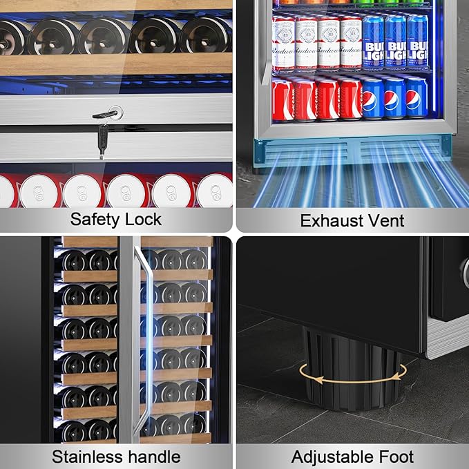 24 Inch Wide Wine and Beverage Refrigerator, 2 IN 1 Dual Zone Wine Cooler, Built-In/Freestanding Beverage Wine Fridge with Safety Lock, Low Noise and Fast Cooling Silver