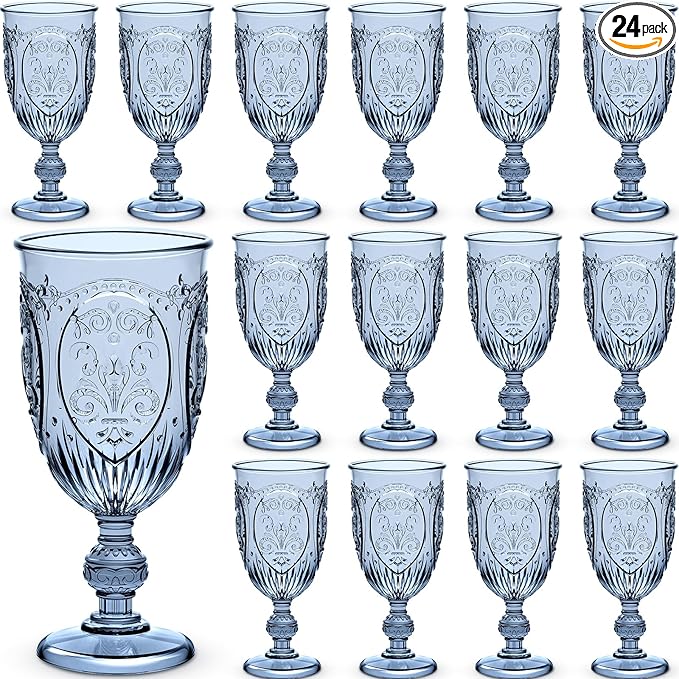 24 Pcs Plastic Goblets 7.5oz Vintage Goblet Plastic Wine Glasses Colored Retro Embossed Water Goblets for Wine Bar Juice Baby Shower Wedding Reception Grand Event Party (Blue)
