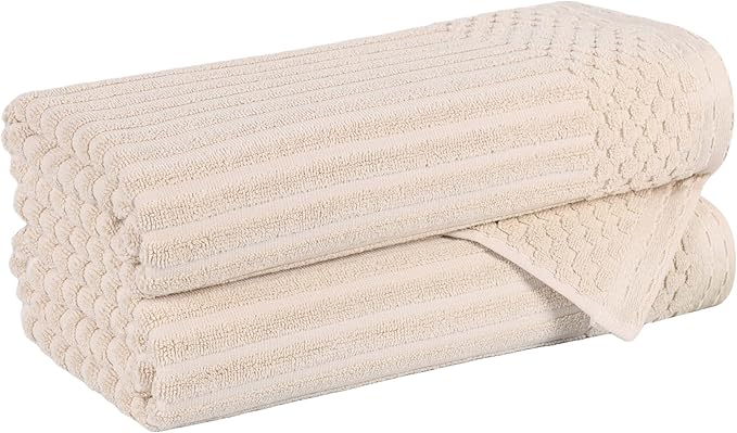 Cotton 2-Piece Solid and Ribbed Bath Towel Set, Bath Towels- 27" x 54", Ivory by Superior