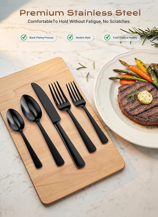 Black Silverware Set, 45-Piece Flatware Set Service for 8, Durable Stainless Steel, Mirror Polished Tableware Eating Cutlery Set, Kitchen Utensils Set with Steak Knives, Dishwasher Safe