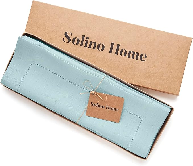 Solino Home Linen Cloth Placemats Set of 4-100% Pure Linen Hemstitch Aqua Blue Placemats 14 x 19 Inch - Classic Hemstitch Table Place Mats for Winter