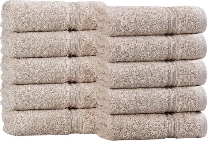 Superior Egyptian Cotton Face Towel/Washcloth Set, Small Towels for Home Bathroom, Master, Guest Bath, Decor Essentials, Quick Dry, Absorbent, Spa, Hotel, Resort, Adult, Kids, Set of 10, Stone