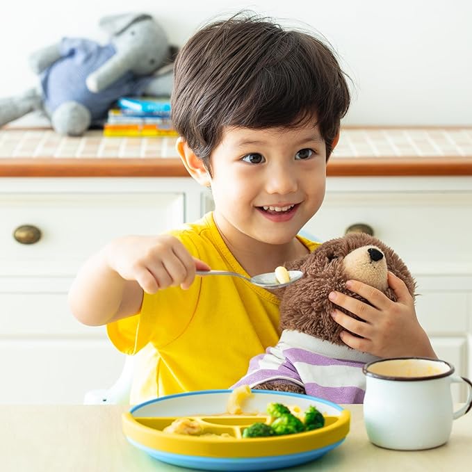 Omie® Easy Scoop Plates for Kids | Unique Design Helps Food Fall into the Spoon, Not on the Table | Made from Plants | 3 Plates + 2 Silicone Dividers | Blue