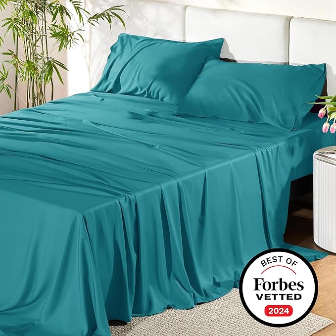 Bedsure King Size Sheets Set, Cooling Sheets for Hot Sleepers, Rayon Derived from Bamboo, Breathable & Soft, Deep Pocket Up to 16 Inches, Hotel Luxury Silky Bedding, Turquoise