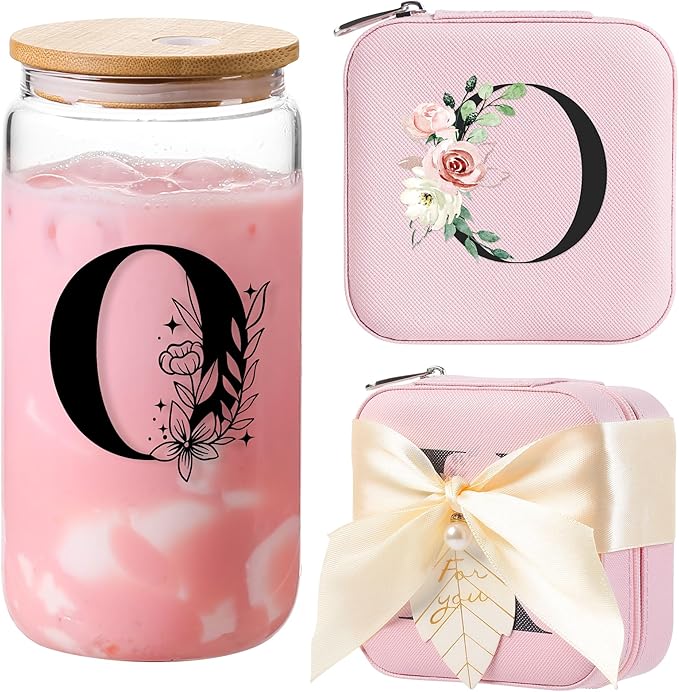 AYGXU Travel Jewelry Case for Women Girls, Organizer Box, 16oz Glass Cups With Bamboo Lids, Aesthetic Cup, Essentials, Initial O Pink